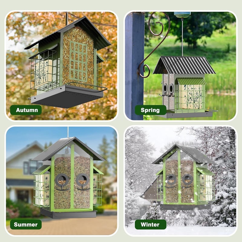 FlowaFoli Bird Feeders for Outdoors, Metal Bird Feeder with Double Suet Cage Weatherproof Metal Roof, 2 in 1 Mixed Seeds Suet Feeder, 4Lbs Large Capacity, Great for Finch、Cardinal、Chickadee（Green） - Image 5
